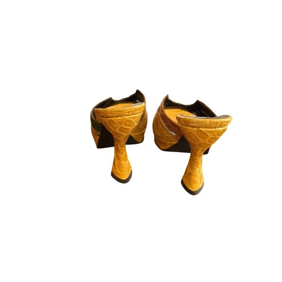 Prada Cocco Lucido Crocodile Platform Mules Heel Yellow Green Brown Brown Size 6 - Picture 2 of 8